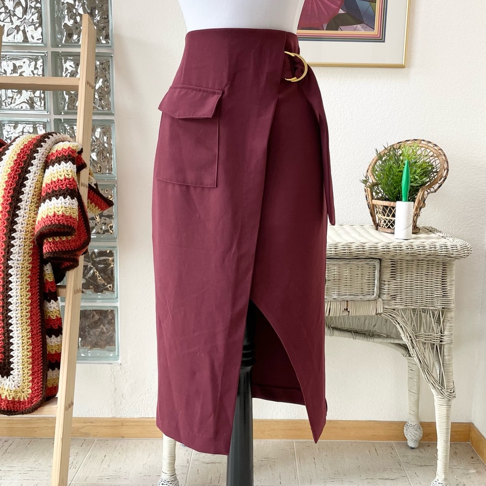 Forever 21 Burgundy Sash Belted High Waist Front Slit Wrap Pencil Midi Skirt S